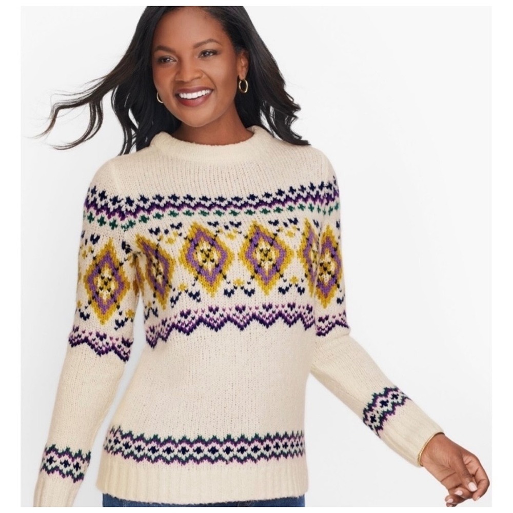 Talbots Cream Fair Isle Geometric Print Crew Neck Sweater Size Small